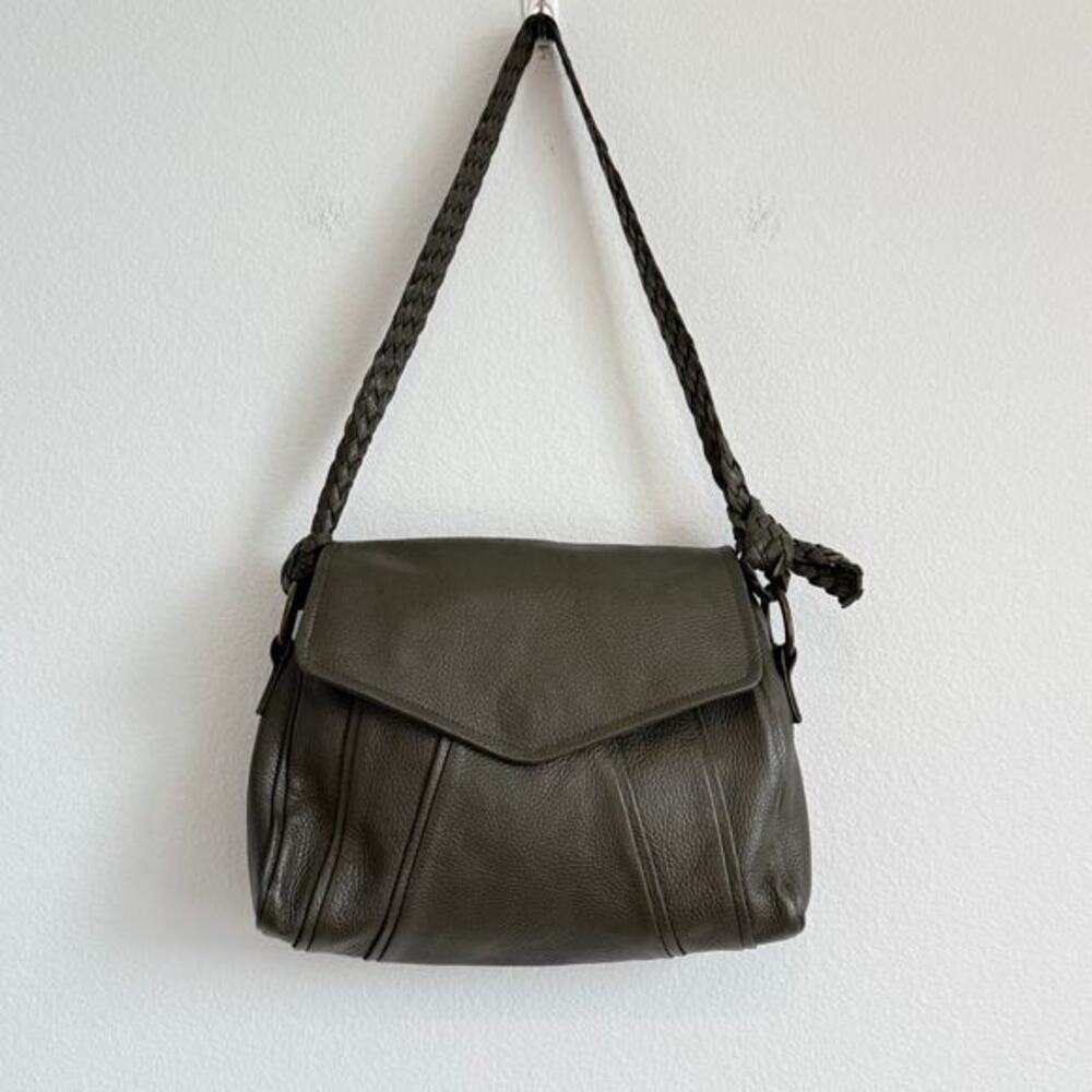 Falor Pebbled Leather Shoulder Bag Artisanal Green Boho Braided Strap Made Italy
